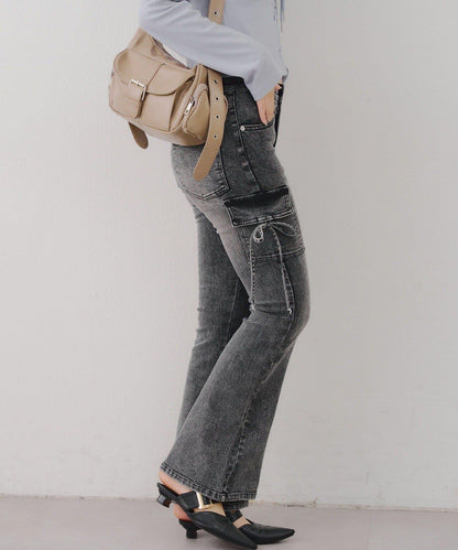 蝴蝶結工裝牛仔喇叭褲