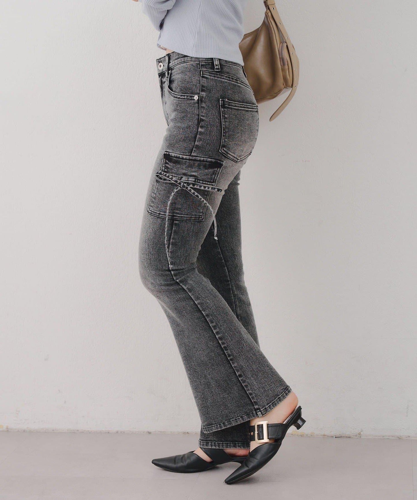 蝴蝶結工裝牛仔喇叭褲