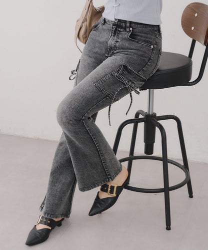 蝴蝶結工裝牛仔喇叭褲