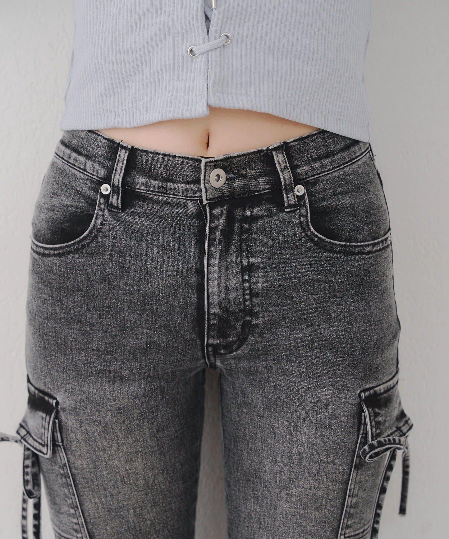 蝴蝶結工裝牛仔喇叭褲