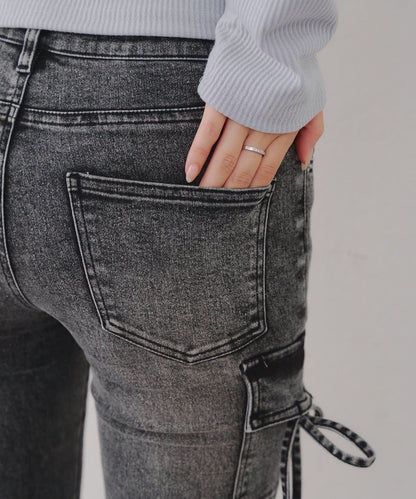 蝴蝶結工裝牛仔喇叭褲