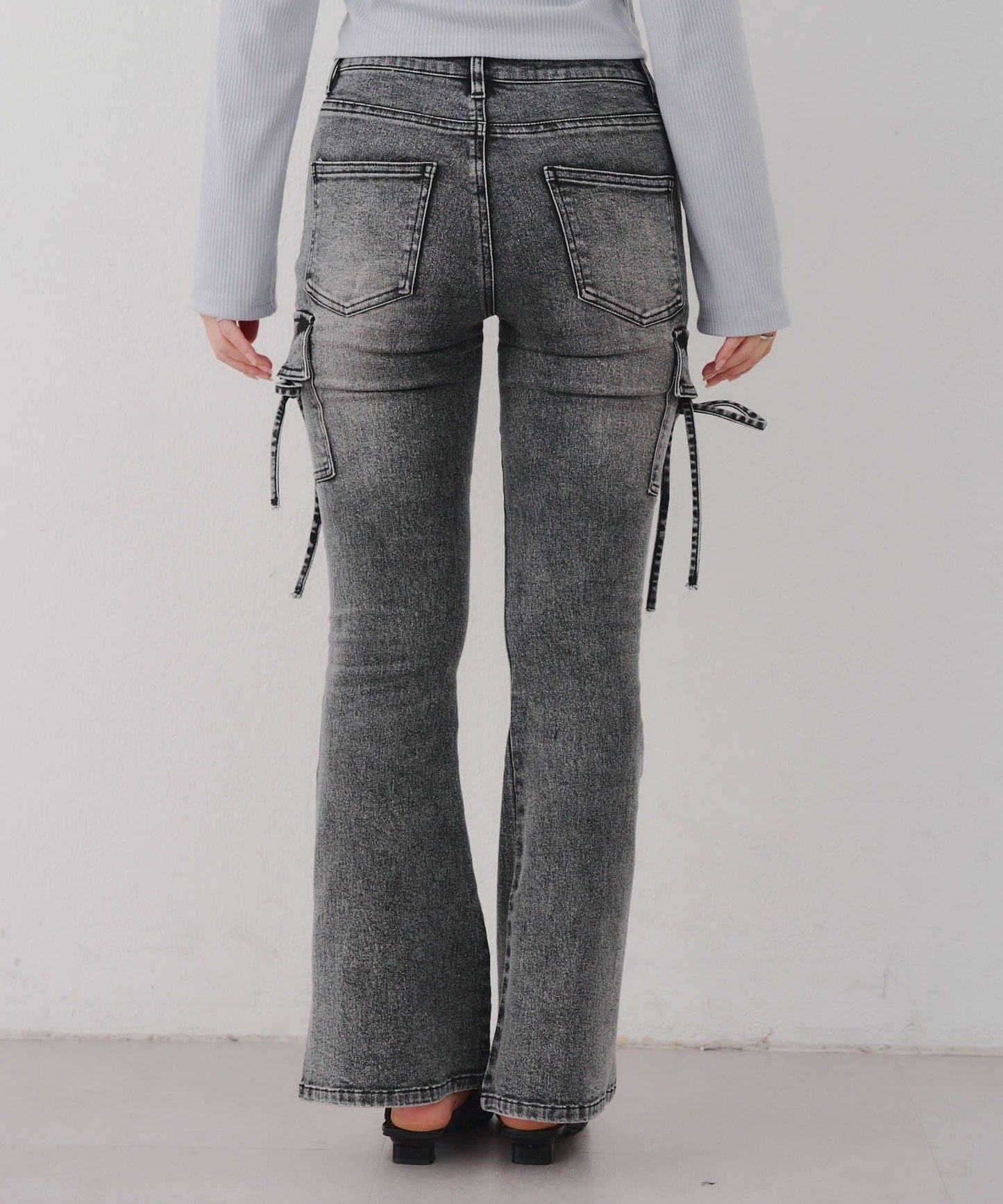 蝴蝶結工裝牛仔喇叭褲