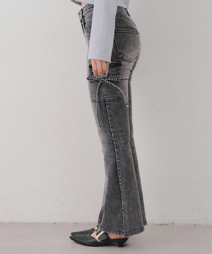 蝴蝶結工裝牛仔喇叭褲