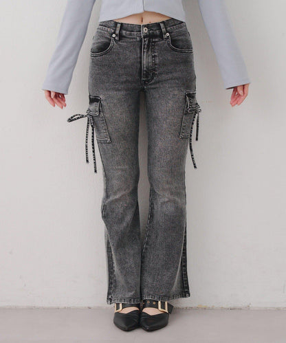 蝴蝶結工裝牛仔喇叭褲