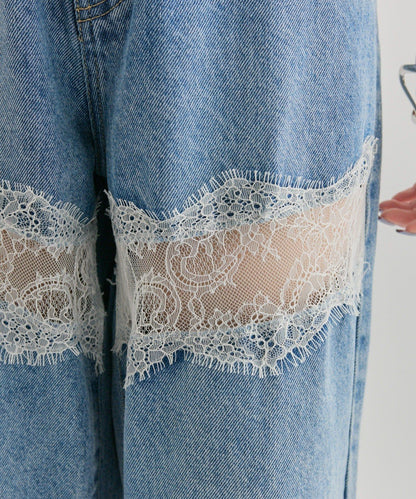 蕾絲拼接牛仔
