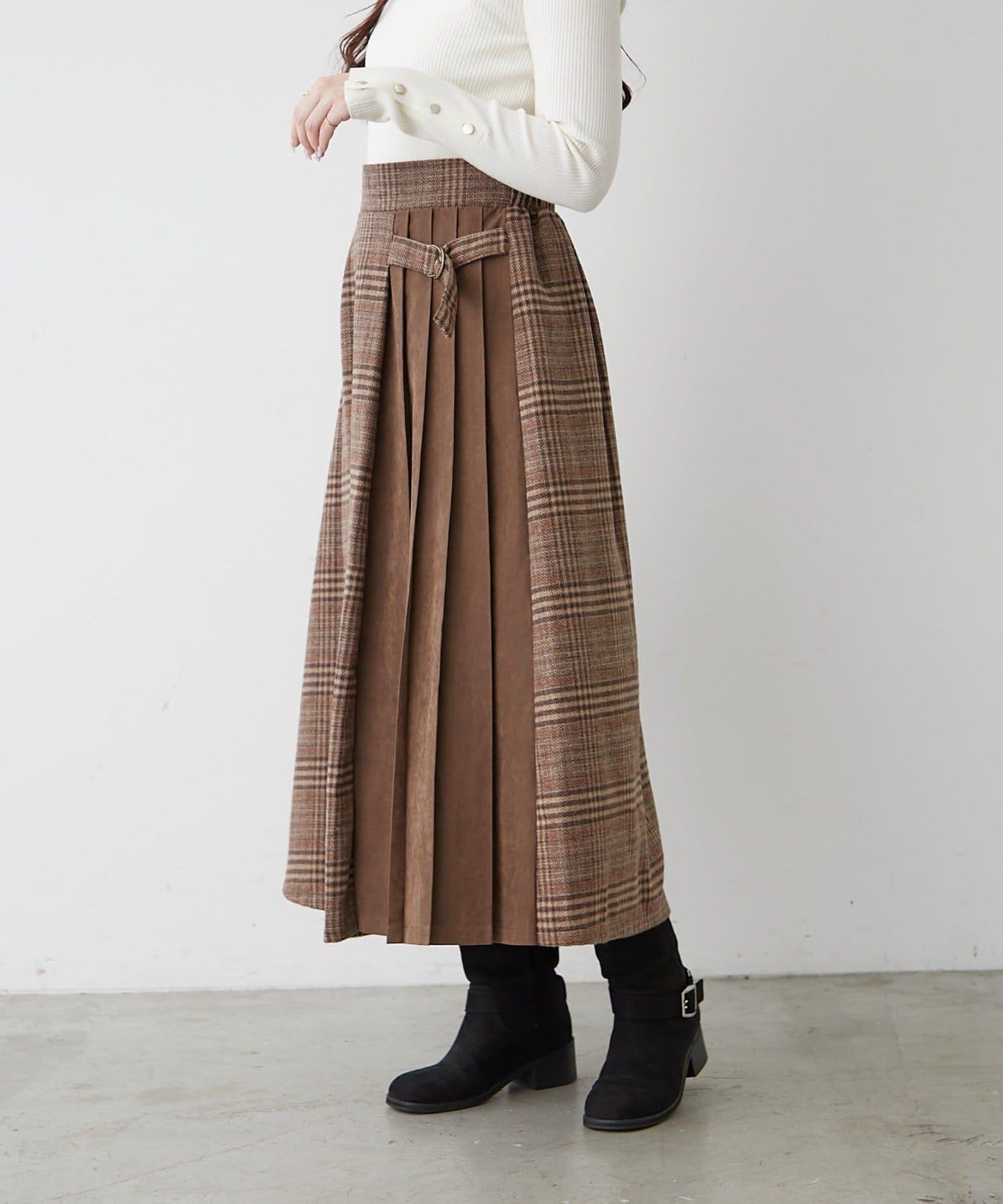 360°立體顯瘦【RMAF】側褶格紋半身裙