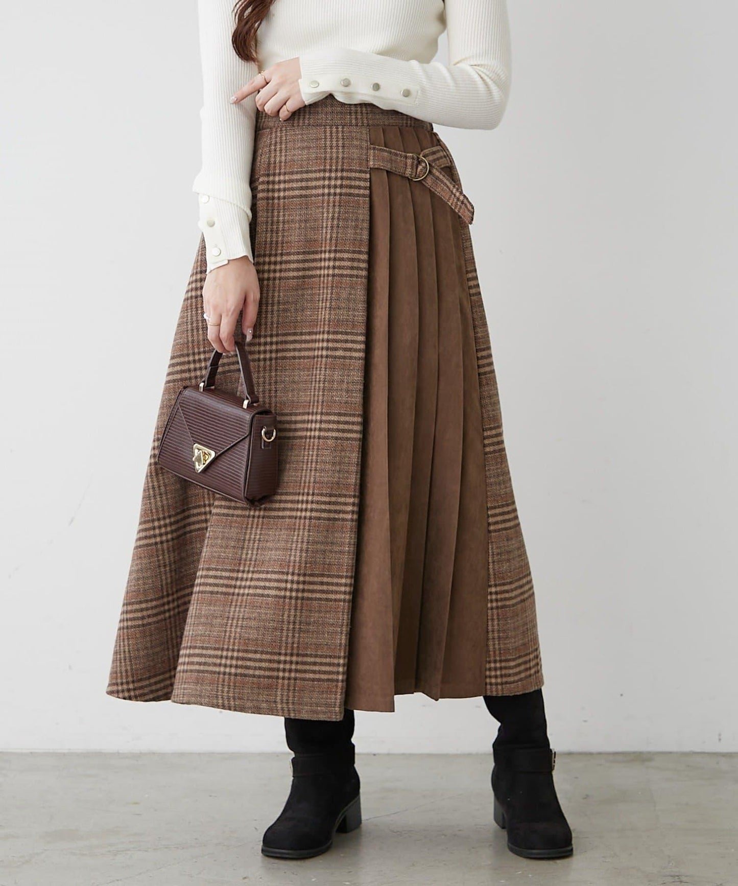 360°立體顯瘦【RMAF】側褶格紋半身裙