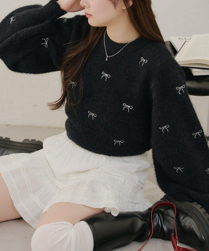 蝴蝶結刺繡羽毛針織衫