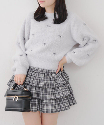 蝴蝶結刺繡羽毛針織衫
