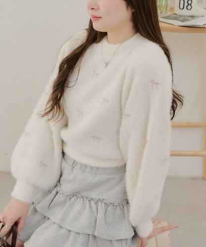 蝴蝶結刺繡羽毛針織衫