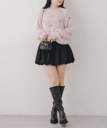 蝴蝶結刺繡羽毛針織衫