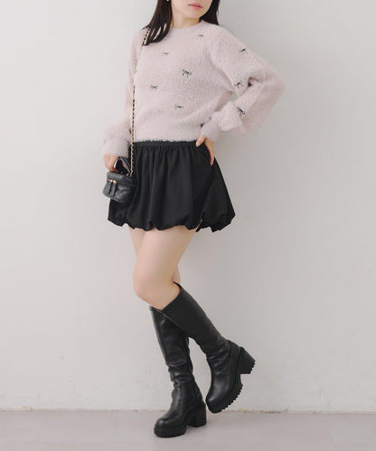 蝴蝶結刺繡羽毛針織衫