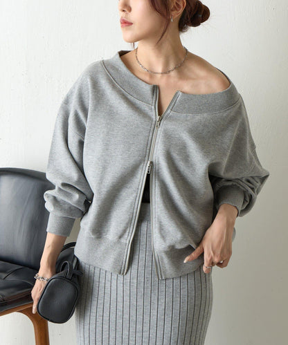 箱型露肩拉鍊上衣