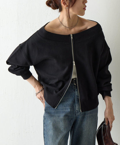 箱型露肩拉鍊上衣