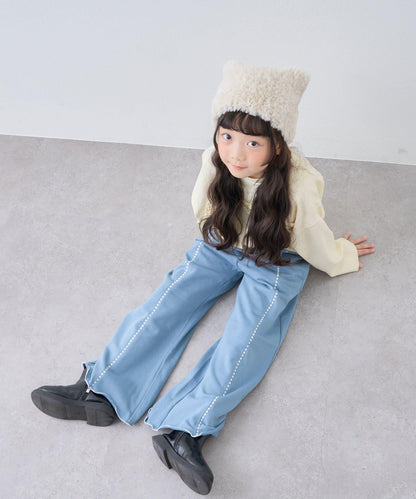 【KIDS】拼色蛤殼縫線微喇叭褲