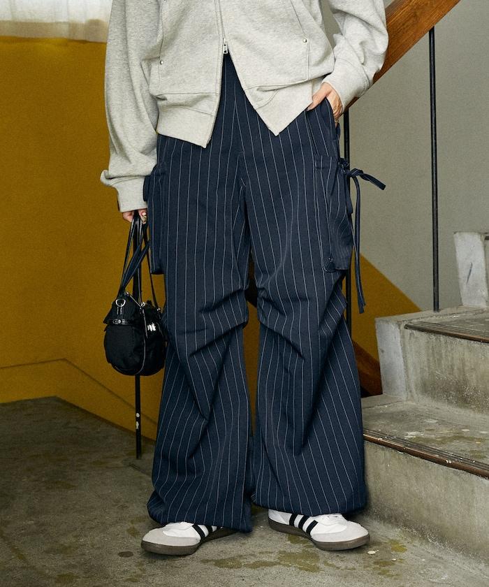 帶側口袋褶皺長褲