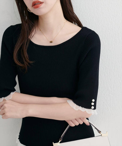【natural couture】前後兩穿透視荷葉邊羅紋針織衫