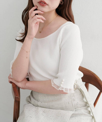 【natural couture】前後兩穿透視荷葉邊羅紋針織衫