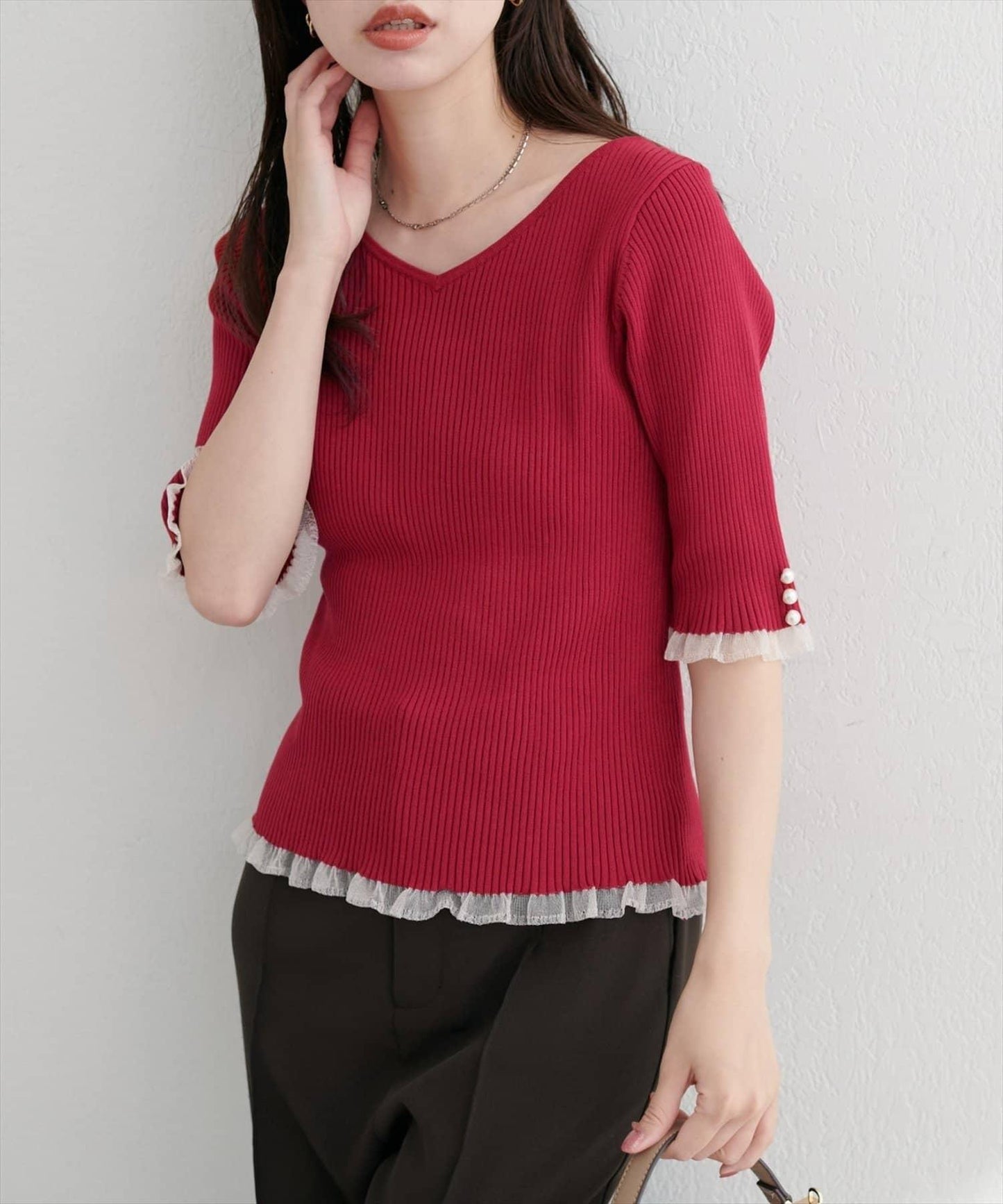 【natural couture】前後兩穿透視荷葉邊羅紋針織衫