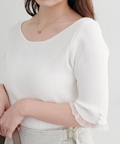 【natural couture】前後兩穿透視荷葉邊羅紋針織衫