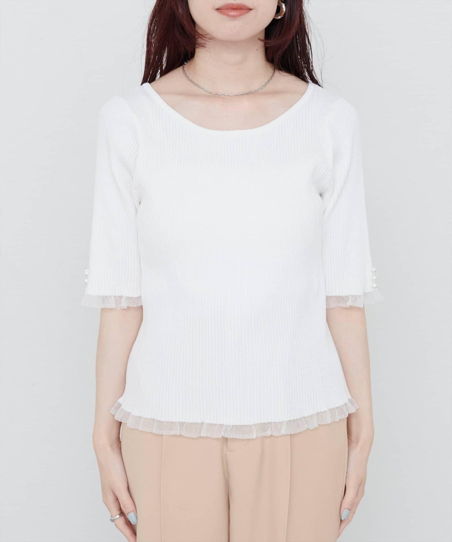 【natural couture】前後兩穿透視荷葉邊羅紋針織衫