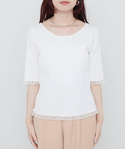 【natural couture】前後兩穿透視荷葉邊羅紋針織衫
