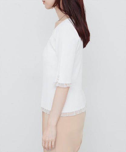 【natural couture】前後兩穿透視荷葉邊羅紋針織衫