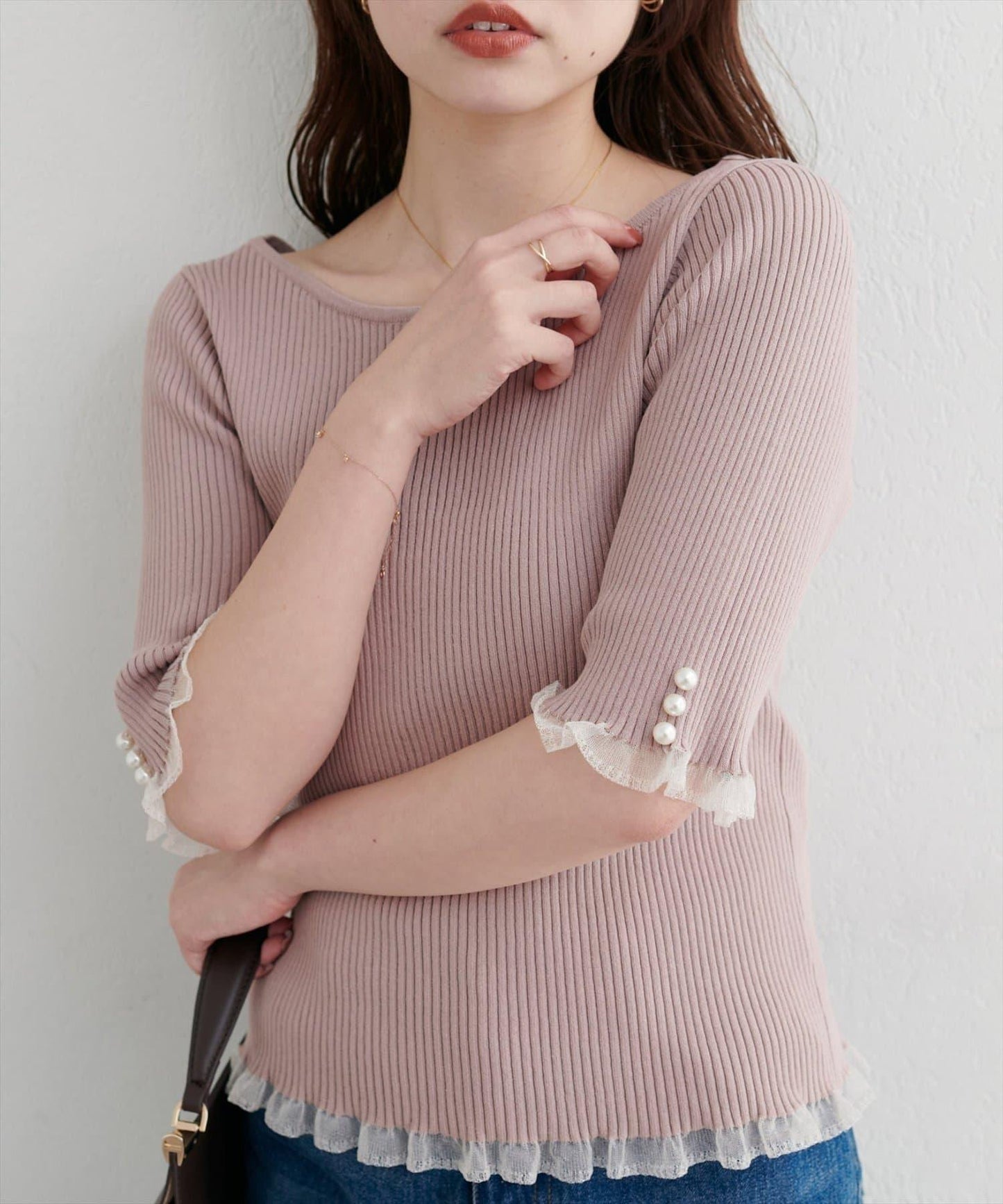 【natural couture】前後兩穿透視荷葉邊羅紋針織衫