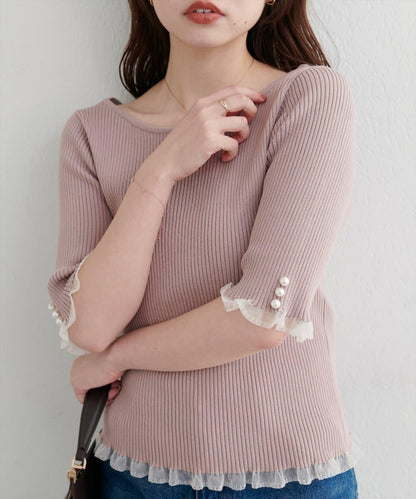 【natural couture】前後兩穿透視荷葉邊羅紋針織衫