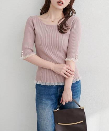 【natural couture】前後兩穿透視荷葉邊羅紋針織衫