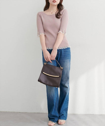 【natural couture】前後兩穿透視荷葉邊羅紋針織衫