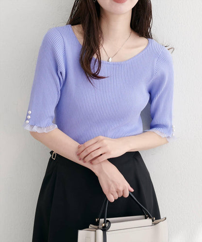 【natural couture】前後兩穿透視荷葉邊羅紋針織衫