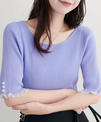 【natural couture】前後兩穿透視荷葉邊羅紋針織衫