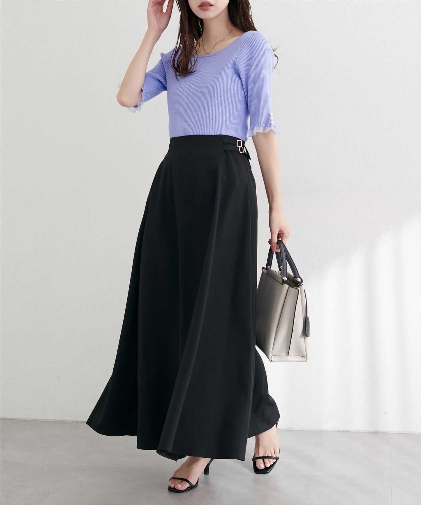 【natural couture】前後兩穿透視荷葉邊羅紋針織衫