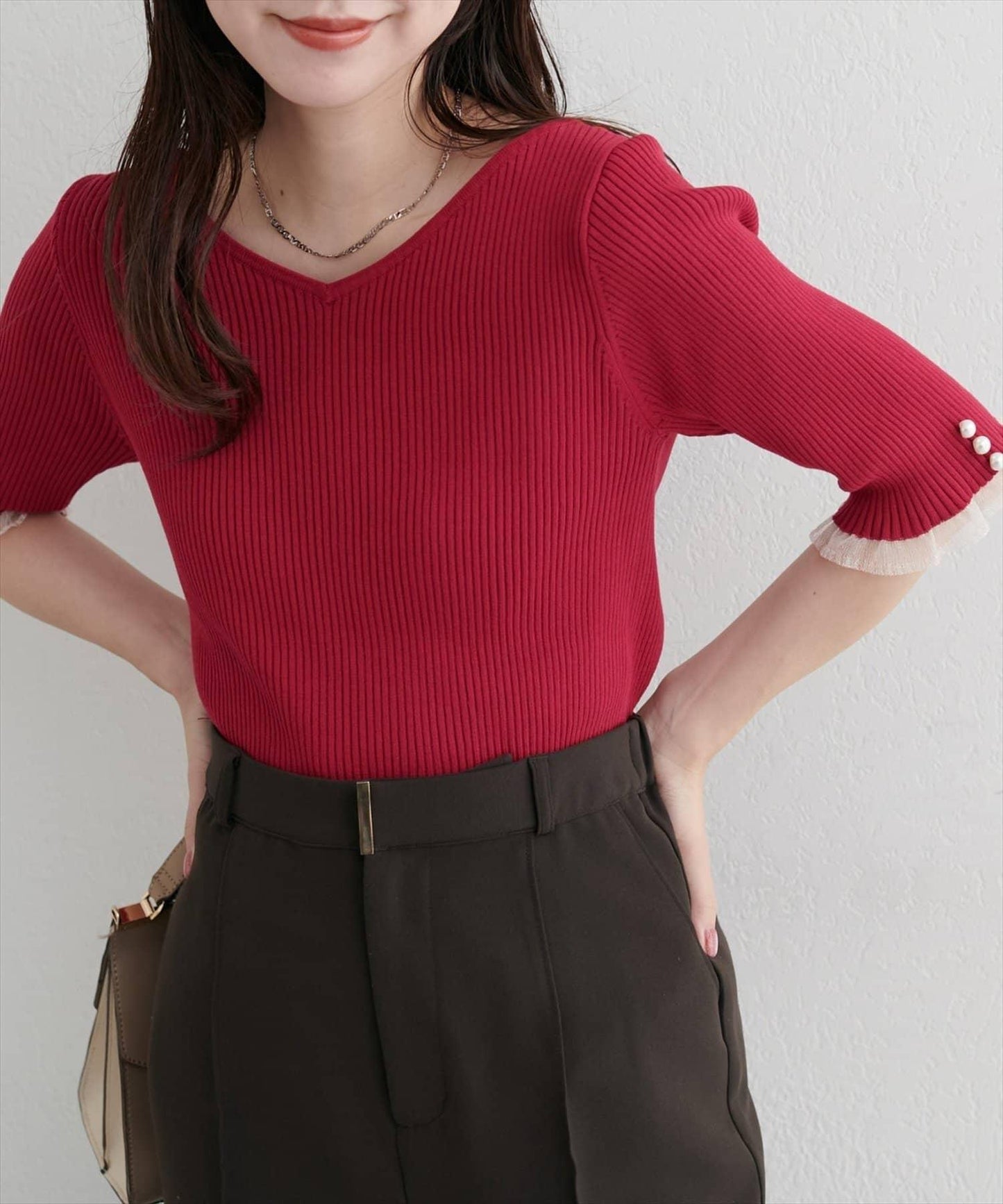 【natural couture】前後兩穿透視荷葉邊羅紋針織衫