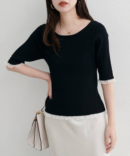 【natural couture】前後兩穿透視荷葉邊羅紋針織衫