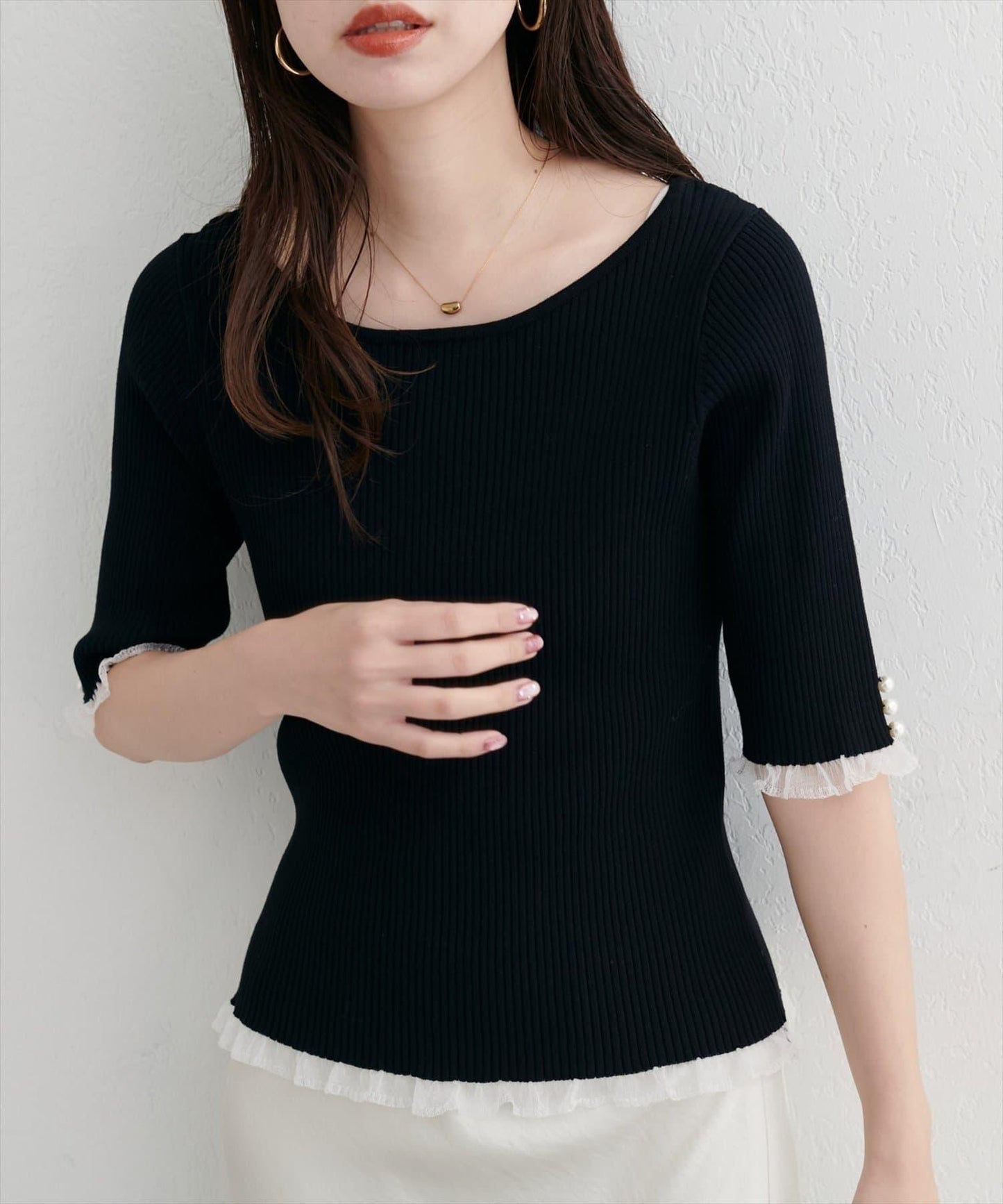 【natural couture】前後兩穿透視荷葉邊羅紋針織衫