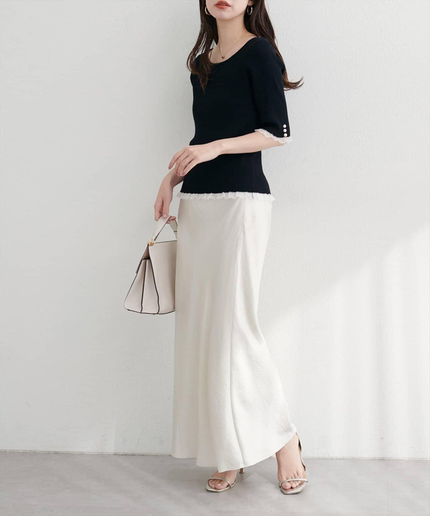 【natural couture】前後兩穿透視荷葉邊羅紋針織衫