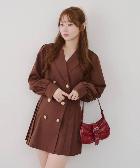 西裝領百褶迷你連衣裙