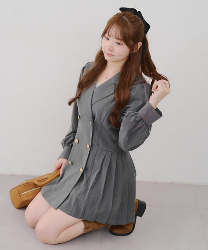 西裝領百褶迷你連衣裙