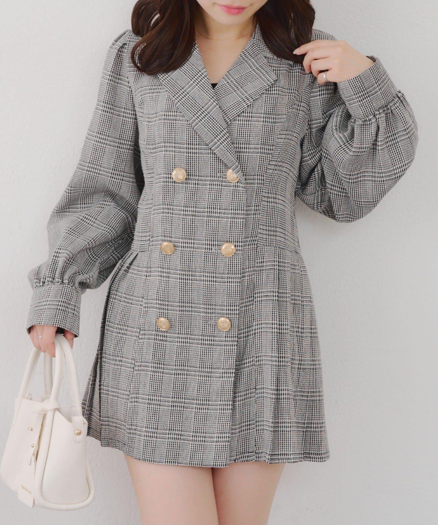 西裝領百褶迷你連衣裙