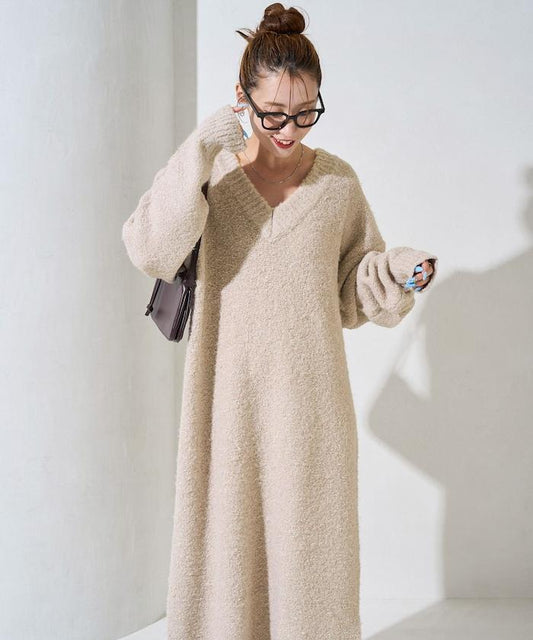 迷你圈圈紗V領針織連衣裙