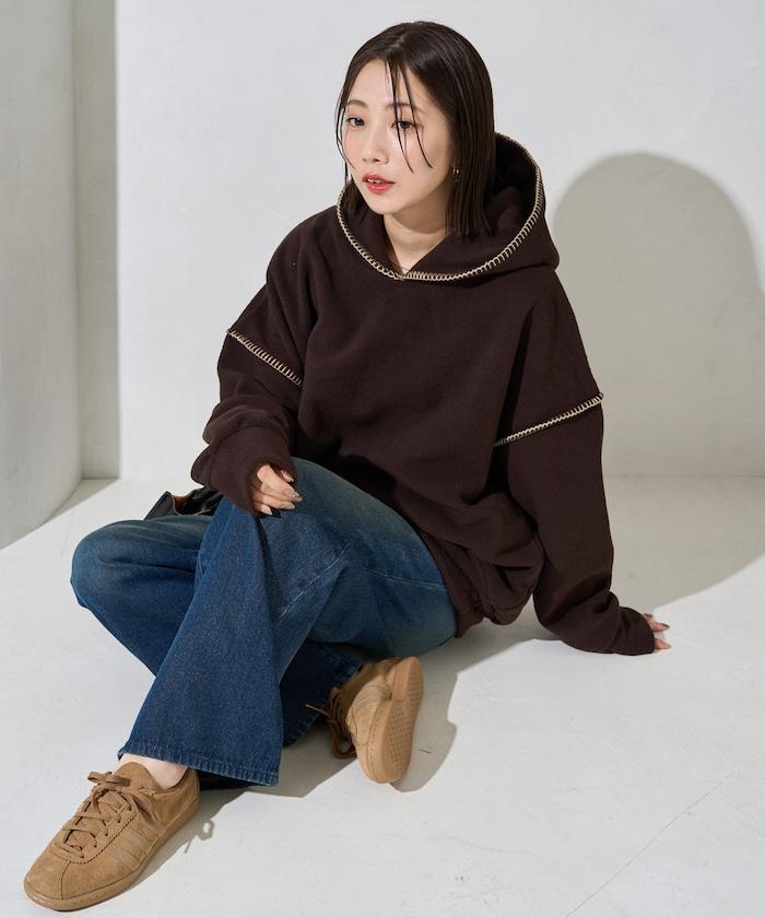 拼接縫線法蘭絨連帽衛衣