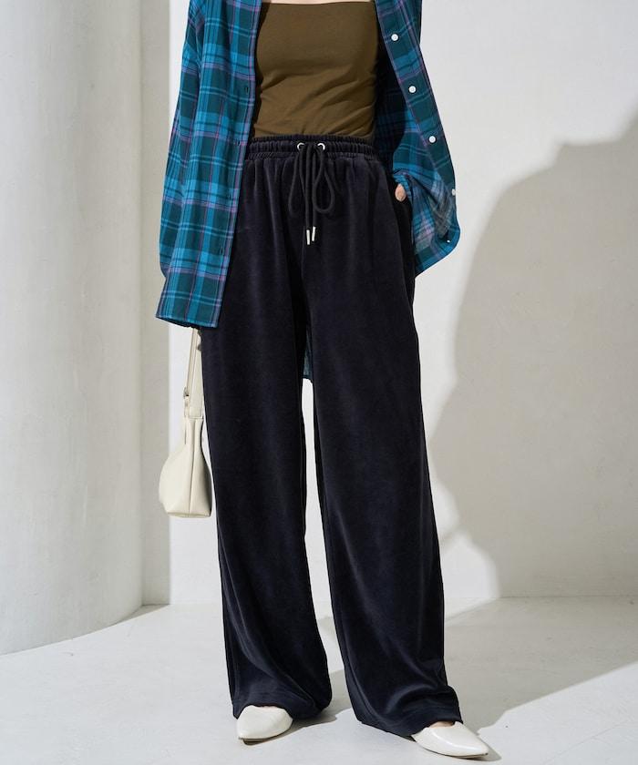 天鵝絨拼接條紋寬鬆長褲