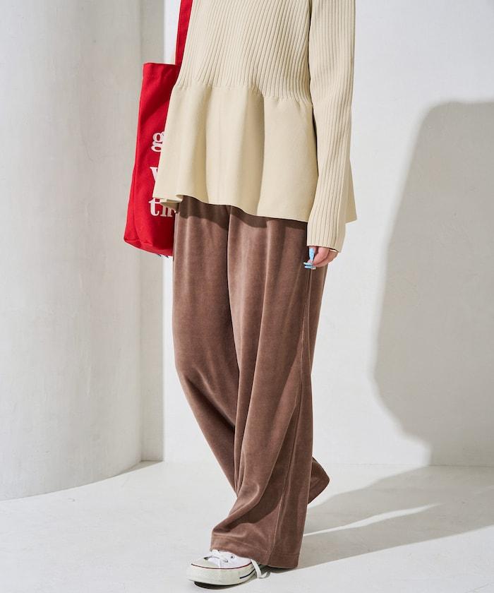 天鵝絨拼接條紋寬鬆長褲