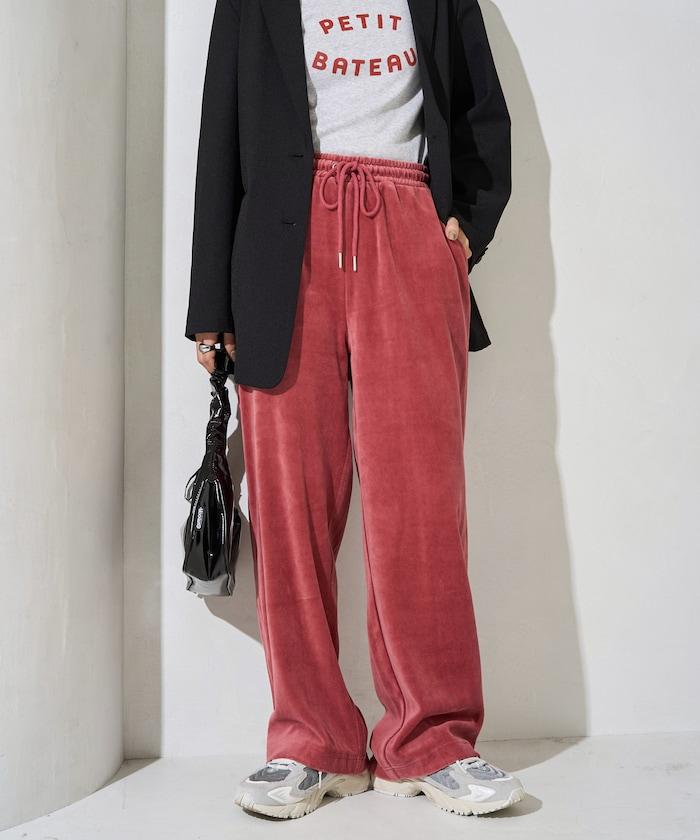 天鵝絨拼接條紋寬鬆長褲