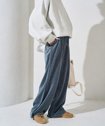 天鵝絨拼接條紋寬鬆長褲