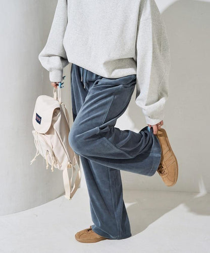 天鵝絨拼接條紋寬鬆長褲