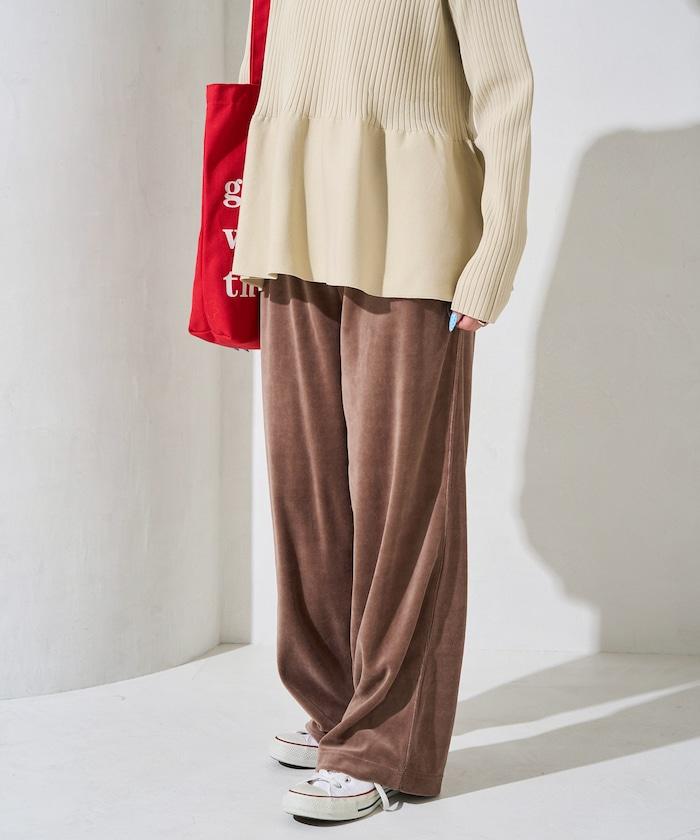 天鵝絨拼接條紋寬鬆長褲