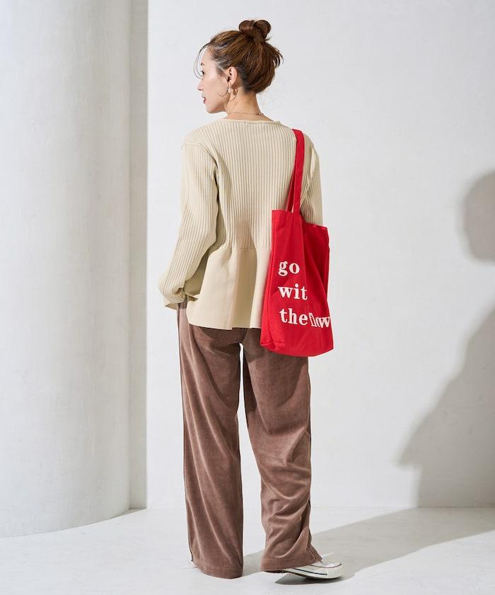 天鵝絨拼接條紋寬鬆長褲